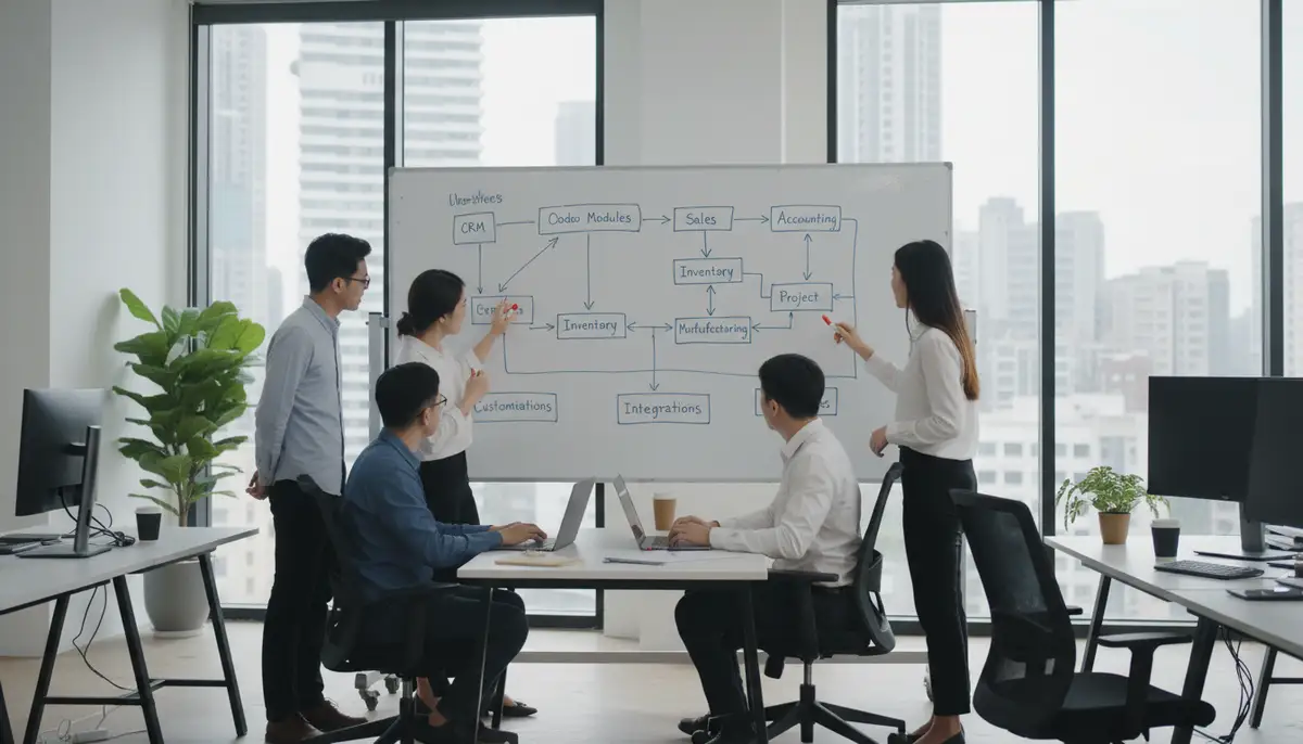 A team of Odoo developers collaborating on code, with a whiteboard showing system architecture diagrams and Odoo modules. Modern office setting.