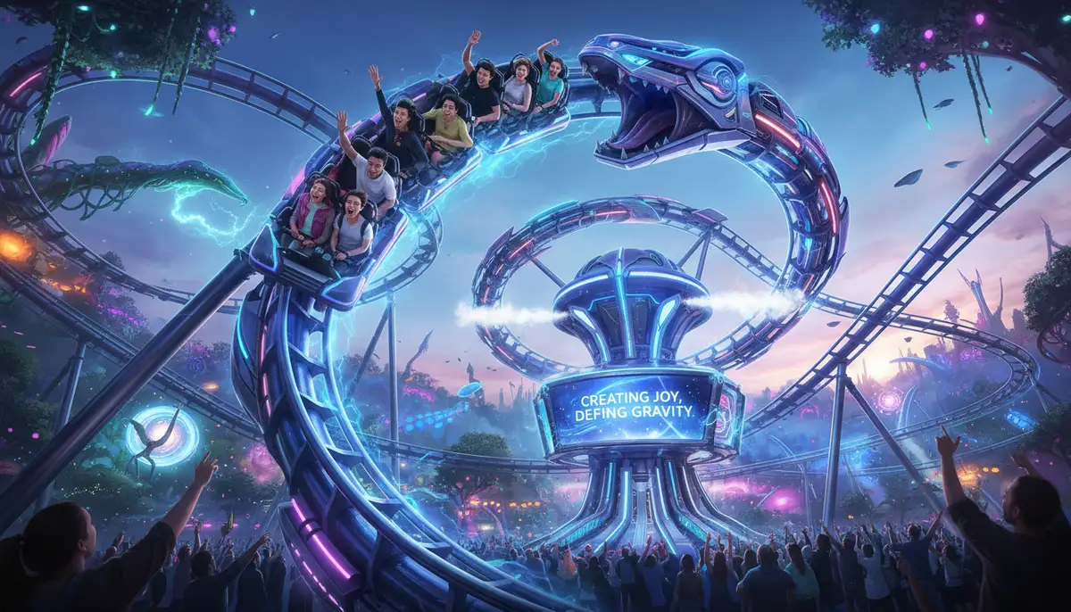 A thrilling, futuristic amusement ride in action at a vibrant theme park, with guests experiencing joy and excitement, emphasizing the ultimate goal of an amusement ride designer., high-quality photography, professional lighting, sharp focus, realistic, detailed