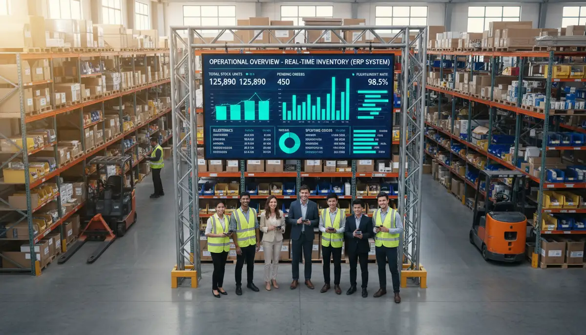 A thriving small business warehouse, organized and efficient, with a digital display showing real-time inventory levels managed by an ERP system, illustrating operational improvement.