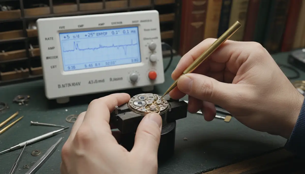 A timegrapher displaying the accuracy readings of a mechanical watch, with a watchmaker making fine adjustments to the balance wheel., high-quality photography, professional lighting, sharp focus, realistic, detailed