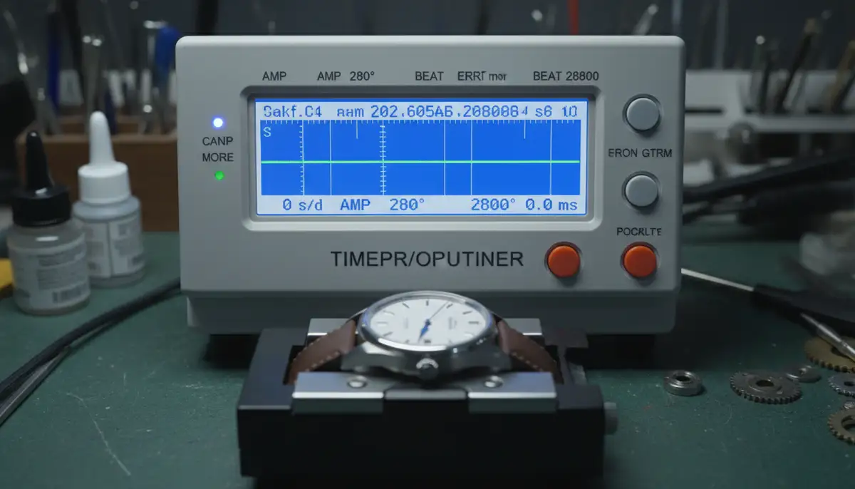 A timegrapher screen displaying a perfect 'flat line' indicating excellent watch accuracy, with a mechanical watch resting on the sensor., high-quality photography, professional lighting, sharp focus, realistic, detailed