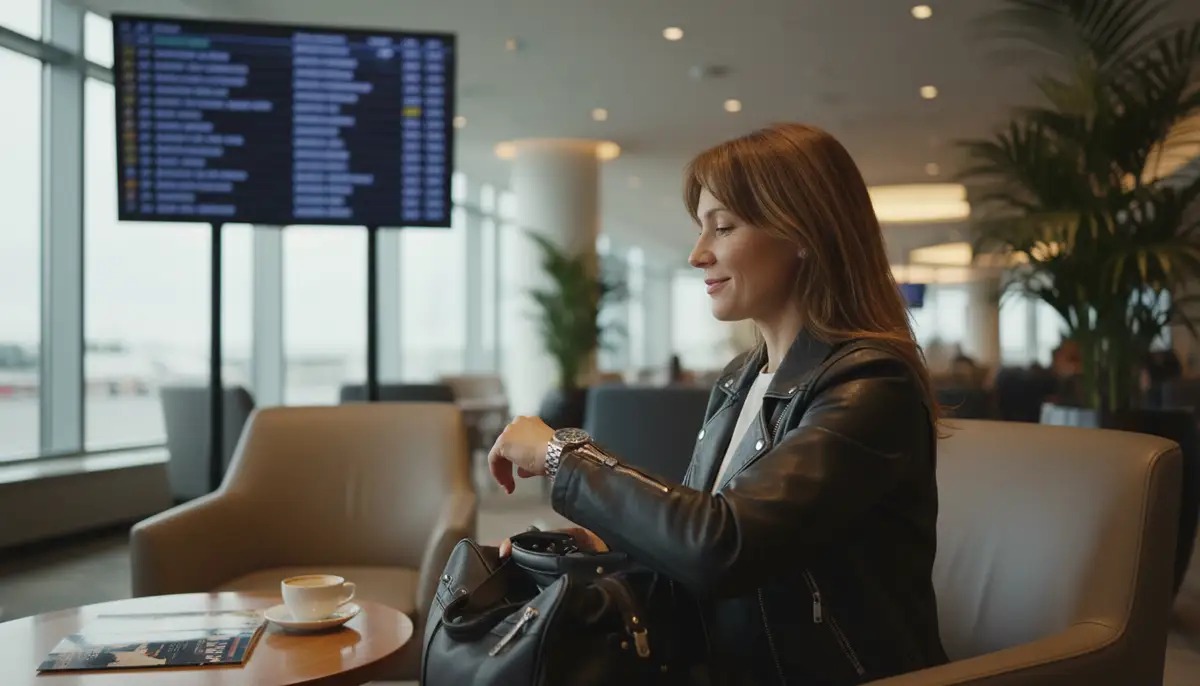 A traveler in an airport lounge, checking their GMT watch while looking at a departure board, conveying ease of tracking multiple time zones., high-quality photography, professional lighting, sharp focus, realistic, detailed