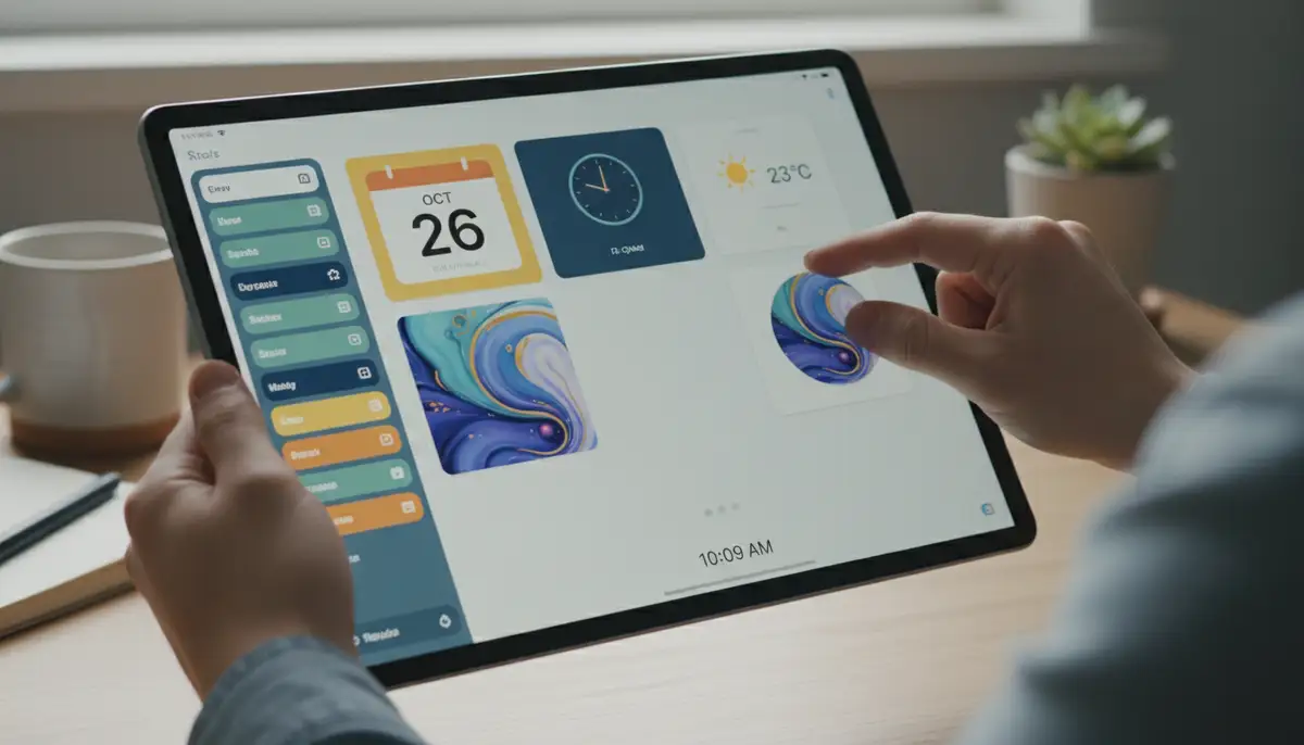 A user actively designing their Android home screen on a tablet, dragging and dropping various aesthetic widgets, with a palette of colors and design elements visible on the side., high-quality photography, professional lighting, sharp focus, realistic, detailed