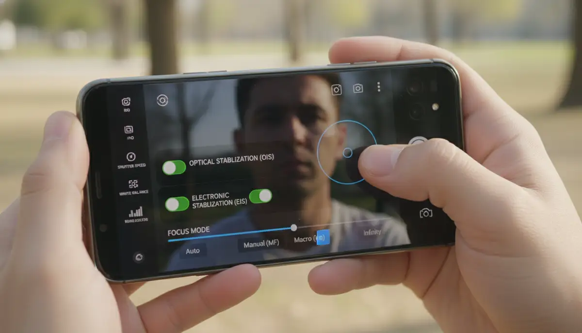 A user adjusting camera settings on an Android phone, with various options for focus and stabilization visible., high-quality photography, professional lighting, sharp focus, realistic, detailed