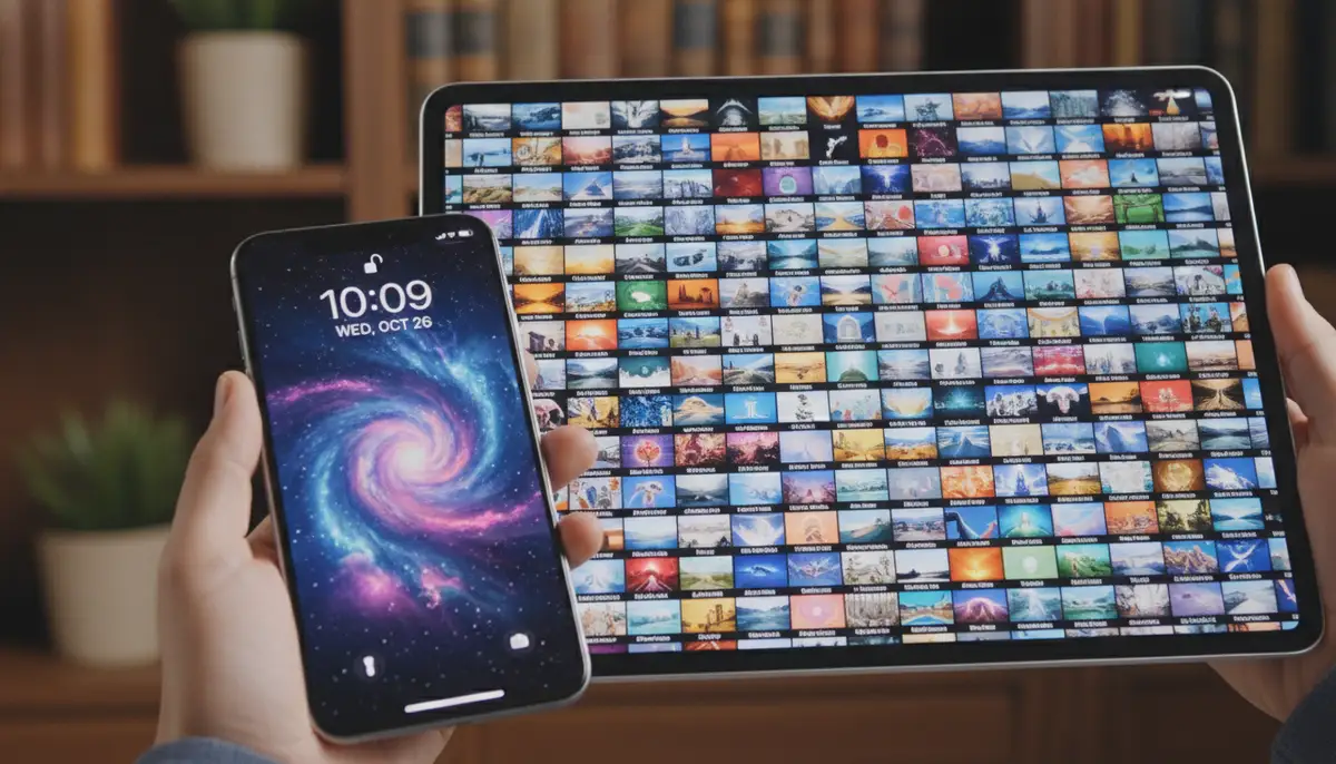A user browsing through a vast library of Ultra HD mobile wallpapers on a tablet, with an iPhone in the foreground displaying a newly applied live iphone lock screen background., high-quality photography, professional lighting, sharp focus, realistic, detailed