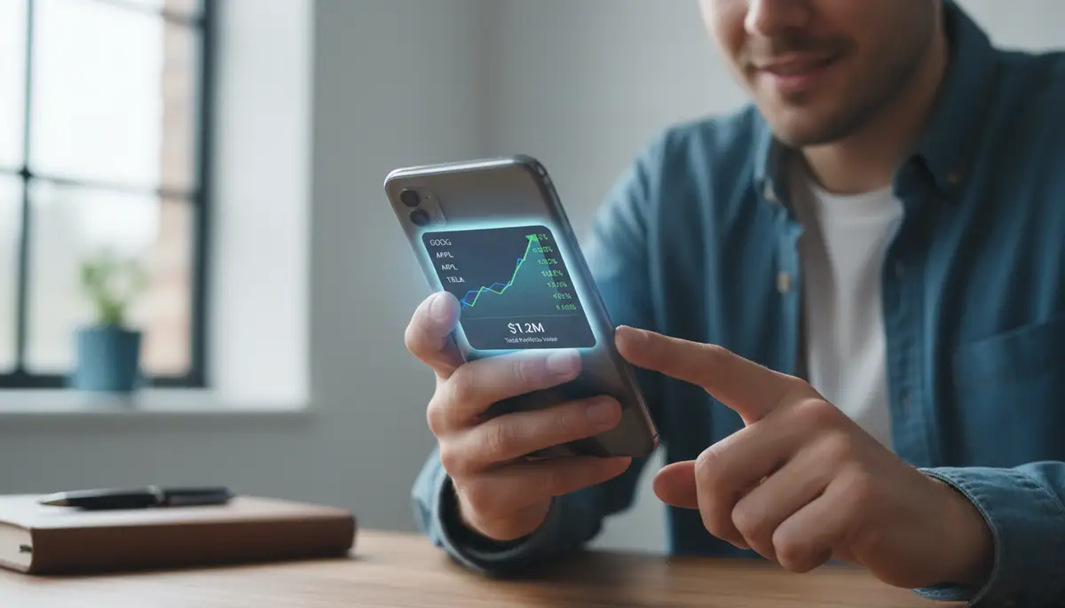 A user confidently managing their finances on an Android device, with a prominent finance widget showing real-time stock market data, surrounded by a subtle glow, implying powerful financial insights., high-quality photography, professional lighting, sharp focus, realistic, detailed