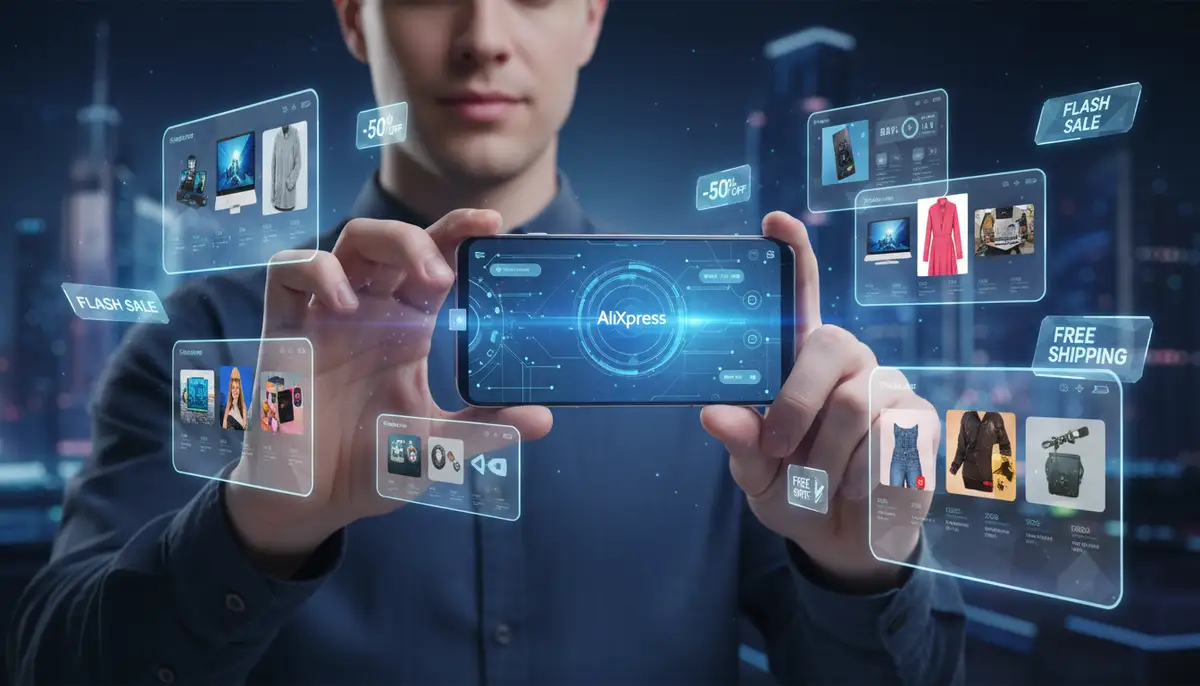 A user confidently navigating the sleek, modern interface of the AliExpress app on a smartphone, surrounded by floating product images and deal tags, set against a futuristic, clean background., high-quality photography, professional lighting, sharp focus, realistic, detailed