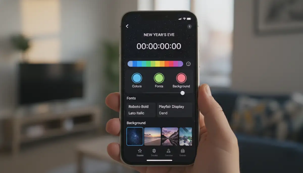 A user customizing a countdown widget on an iPhone, showing options for changing colors, fonts, and background images, with a clear and intuitive interface., high-quality photography, professional lighting, sharp focus, realistic, detailed
