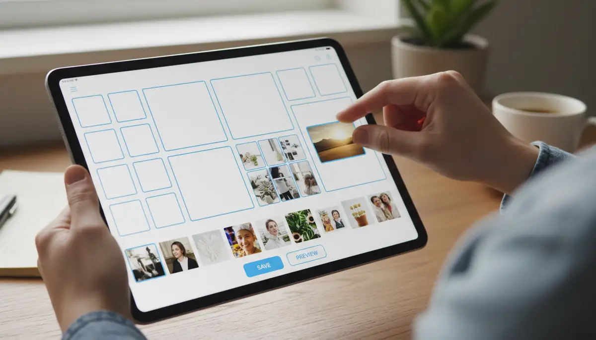 A user customizing a photo widget app on their tablet, dragging and dropping images into different widget layouts, with a focus on ease of use., high-quality photography, professional lighting, sharp focus, realistic, detailed