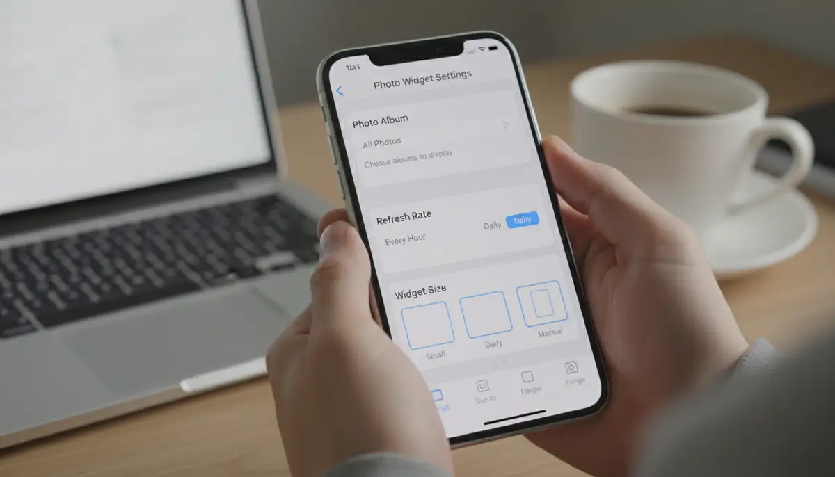 A user customizing a photo widget within a third-party app, showing options for selecting photo albums, changing refresh rates, and choosing widget sizes on an iPhone., high-quality photography, professional lighting, sharp focus, realistic, detailed