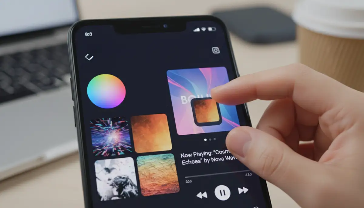 A user customizing an Android music widget, dragging and dropping elements like color palettes and album art styles on a vibrant phone screen., high-quality photography, professional lighting, sharp focus, realistic, detailed