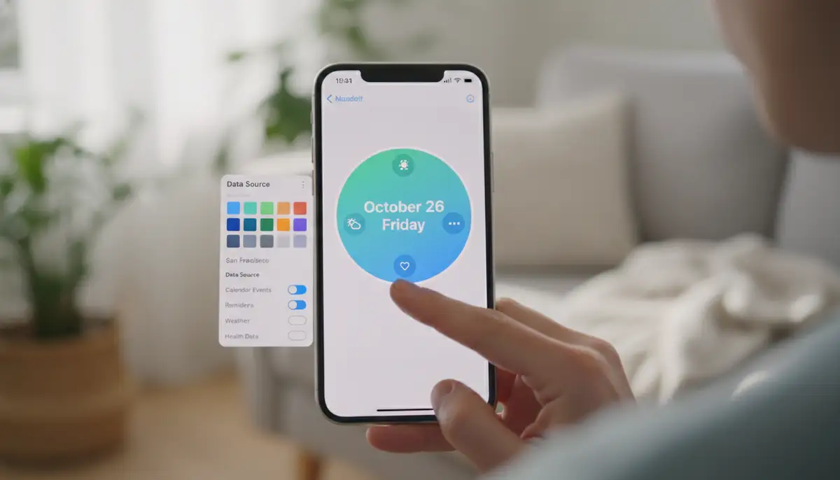 A user customizing an iOS widget on their iPhone, with various options for color, font, and data sources visible on the screen, reflecting deep personalization., high-quality photography, professional lighting, sharp focus, realistic, detailed