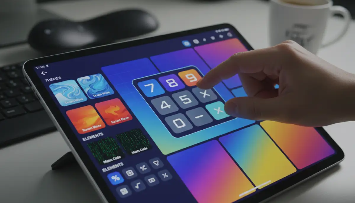 A user customizing their calculator widget app, dragging and dropping elements on a vibrant mobile interface, showing various theme options., high-quality photography, professional lighting, sharp focus, realistic, detailed