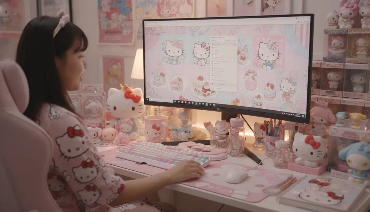 A user customizing their Hello Kitty desktop wallpaper on a large monitor, surrounded by various Hello Kitty merchandise, reflecting a personalized setup., high-quality photography, professional lighting, sharp focus, realistic, detailed