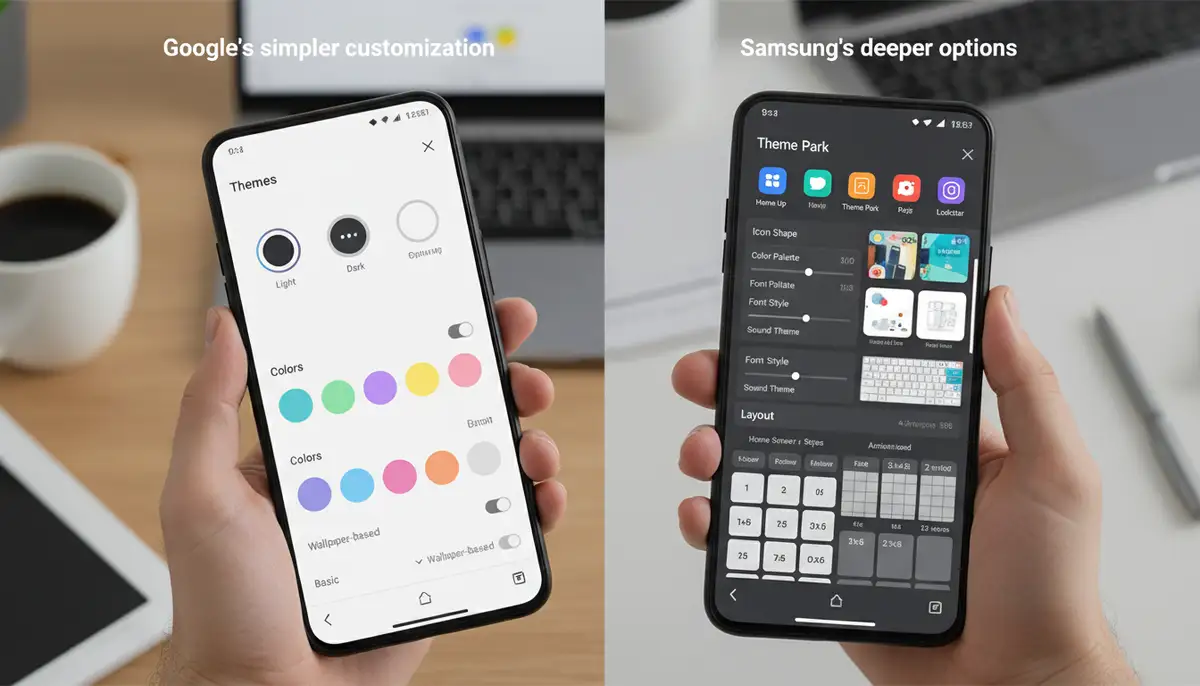 A user customizing their phone app interface, with options for themes, colors, and layouts, demonstrating both Google's simpler customization and Samsung's deeper options, on a modern smartphone screen., high-quality photography, professional lighting, sharp focus, realistic, detailed