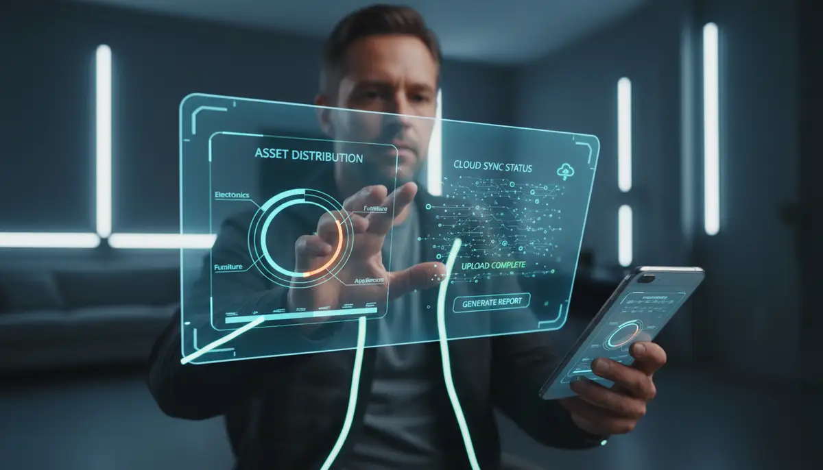 A user demonstrating advanced features of an Android home inventory app, such as generating a report or syncing data to the cloud, with a futuristic interface., high-quality photography, professional lighting, sharp focus, realistic, detailed