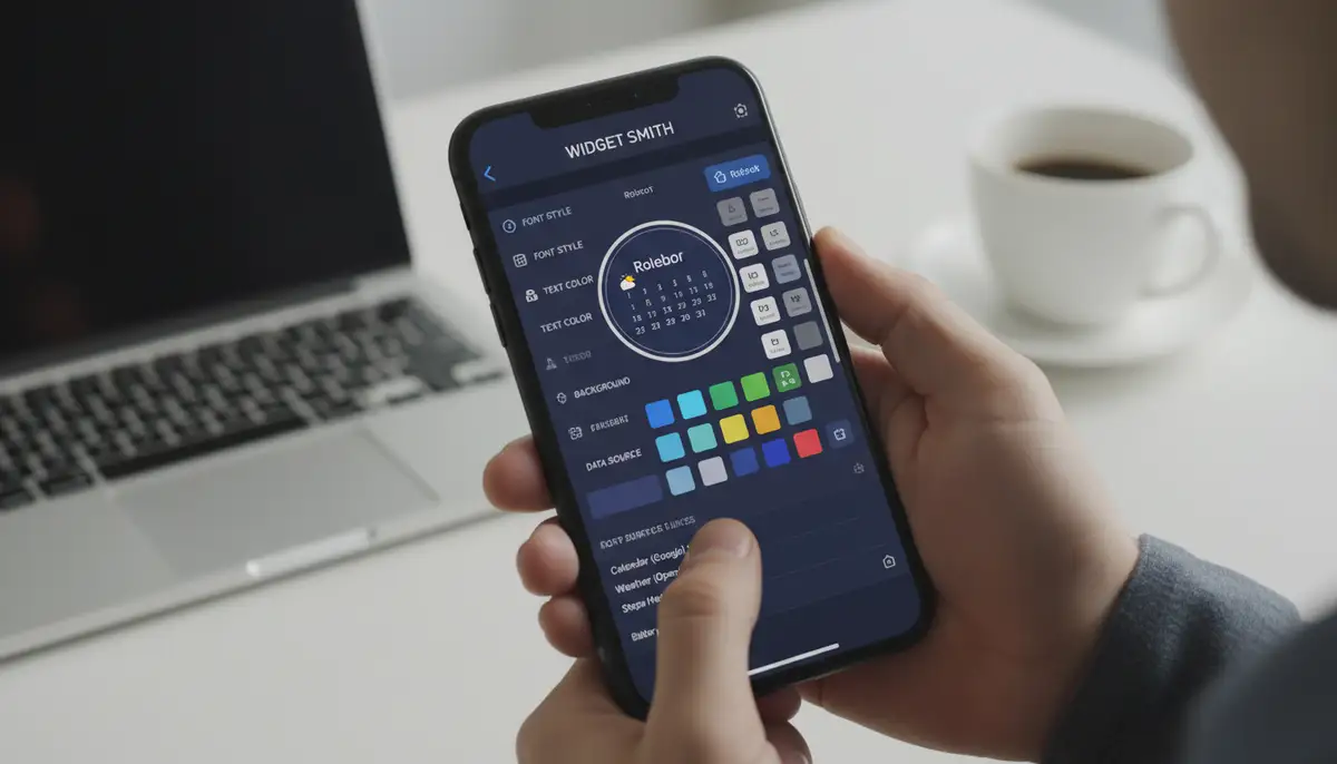 A user designing a custom widget using a popular widget app interface, with various options for fonts, colors, and data sources on the screen., high-quality photography, professional lighting, sharp focus, realistic, detailed