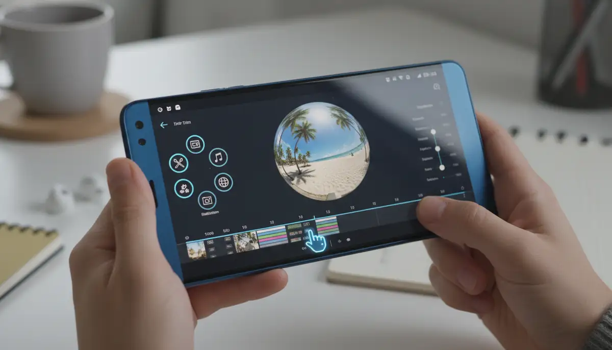 A user editing a 360-degree video on their Android smartphone, showcasing a creative and intuitive app interface with various editing tools and a timeline., high-quality photography, professional lighting, sharp focus, realistic, detailed