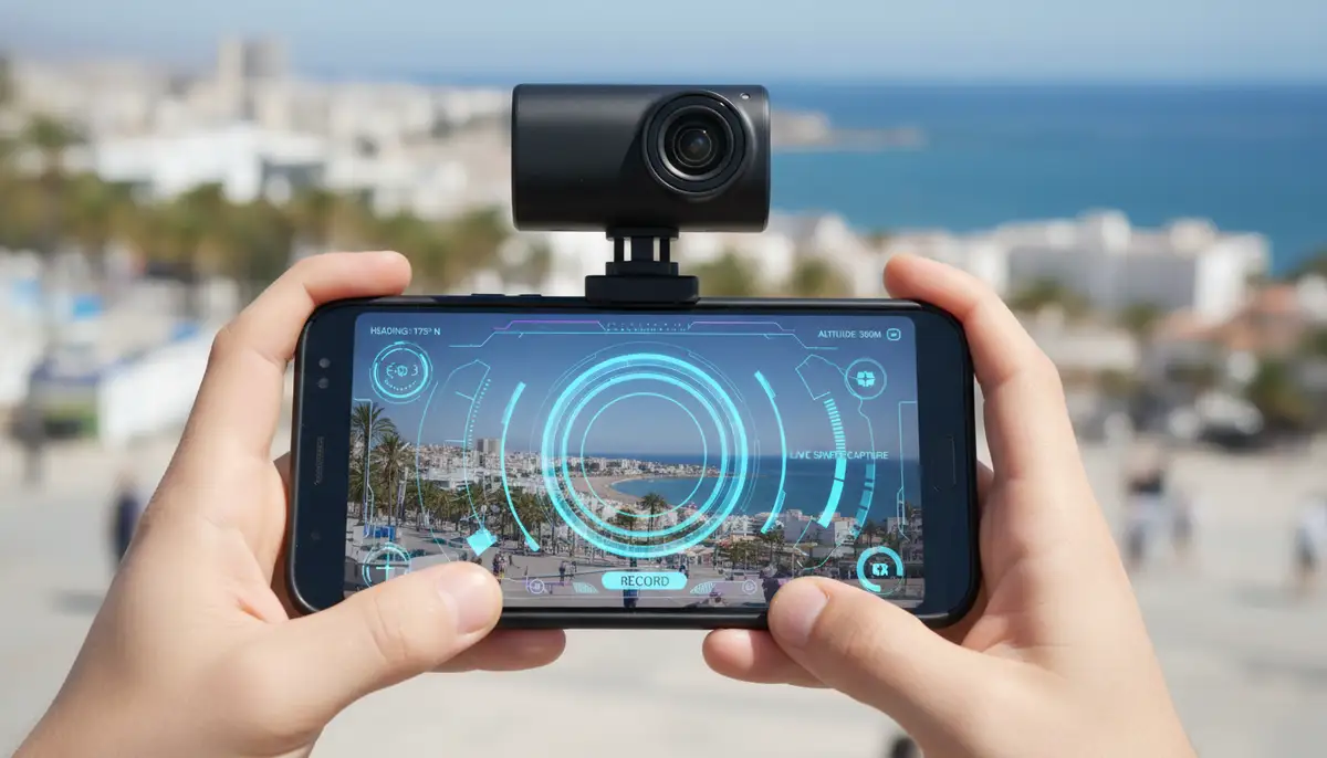 A user holding an Android smartphone connected to a compact 360-degree camera, capturing a vibrant panoramic scene, with a futuristic UI overlay., high-quality photography, professional lighting, sharp focus, realistic, detailed