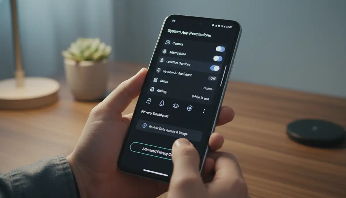 A user in 2025 customizing app settings and permissions on their Android device, with a focus on system apps and privacy controls., high-quality photography, professional lighting, sharp focus, realistic, detailed