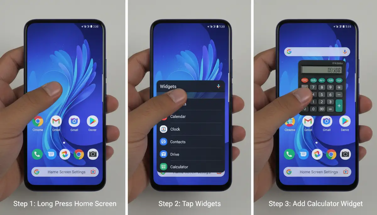 A user in the process of adding a calculator widget to their Android home screen, with the widget selection menu open, clear step-by-step visual., high-quality photography, professional lighting, sharp focus, realistic, detailed