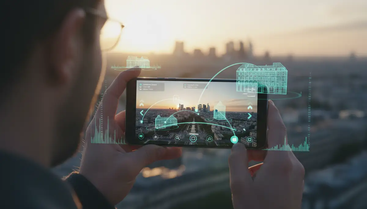 A user interacting with an augmented reality 360 app, overlaying digital information onto a real-world view through their smartphone camera., high-quality photography, professional lighting, sharp focus, realistic, detailed