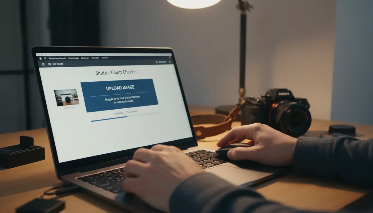 A user interacting with an online shutter count checker website on a laptop, with a Sony A7III camera visible in the background, showing the process of uploading an image., high-quality photography, professional lighting, sharp focus, realistic, detailed