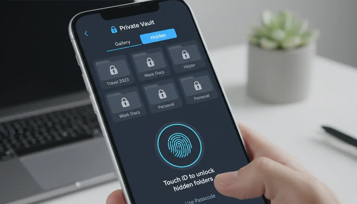 A user interface of an app photo locker showing hidden folders and biometric authentication, clean and modern design., high-quality photography, professional lighting, sharp focus, realistic, detailed