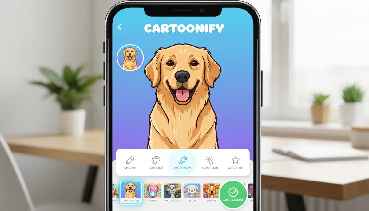 A user interface screenshot of a cartoon photo app, highlighting easy-to-use tools and filters for converting photos to cartoons., high-quality photography, professional lighting, sharp focus, realistic, detailed
