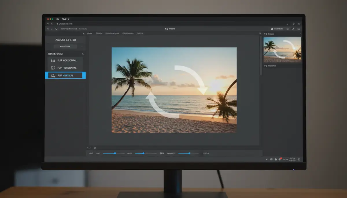 A user interface screenshot of Pixlr X with the 'Flip' options clearly visible in the Adjust & Filter panel, showing an image being horizontally flipped., high-quality photography, professional lighting, sharp focus, realistic, detailed