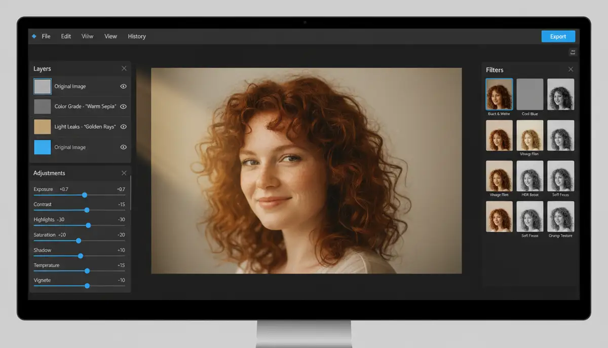 A user interface shot of a powerful yet easy-to-use online photo editor, showcasing layers, adjustment sliders, and a variety of filters applied to a portrait., high-quality photography, professional lighting, sharp focus, realistic, detailed