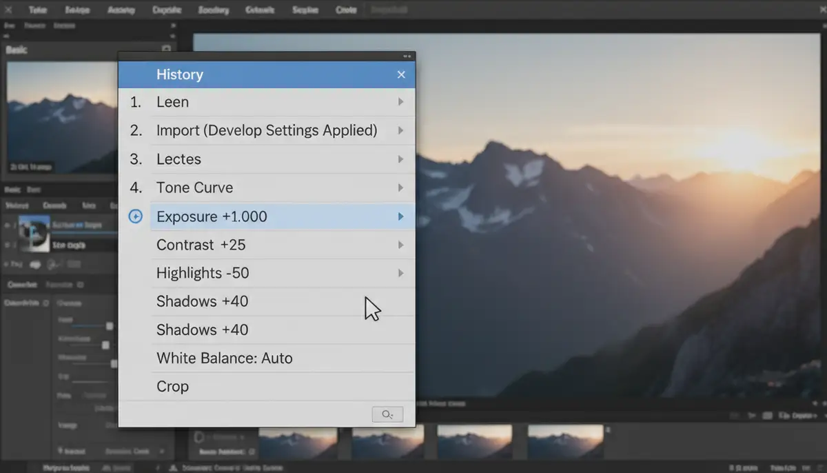 A user interface shot of Lightroom's History panel, with several steps clearly visible, demonstrating how to revert to an earlier edit., high-quality photography, professional lighting, sharp focus, realistic, detailed