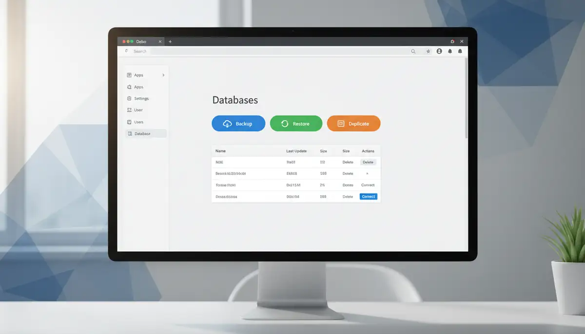 A user interface showing Odoo's backend database management page, with options for backup, restore, and duplication, set against a clean, modern digital background.