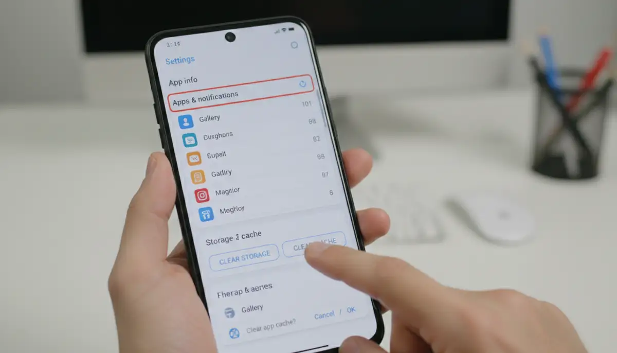 A user navigating through Android phone settings, specifically showing the 'Apps & notifications' or 'Storage' menu, with a focus on clearing cache for an app., high-quality photography, professional lighting, sharp focus, realistic, detailed