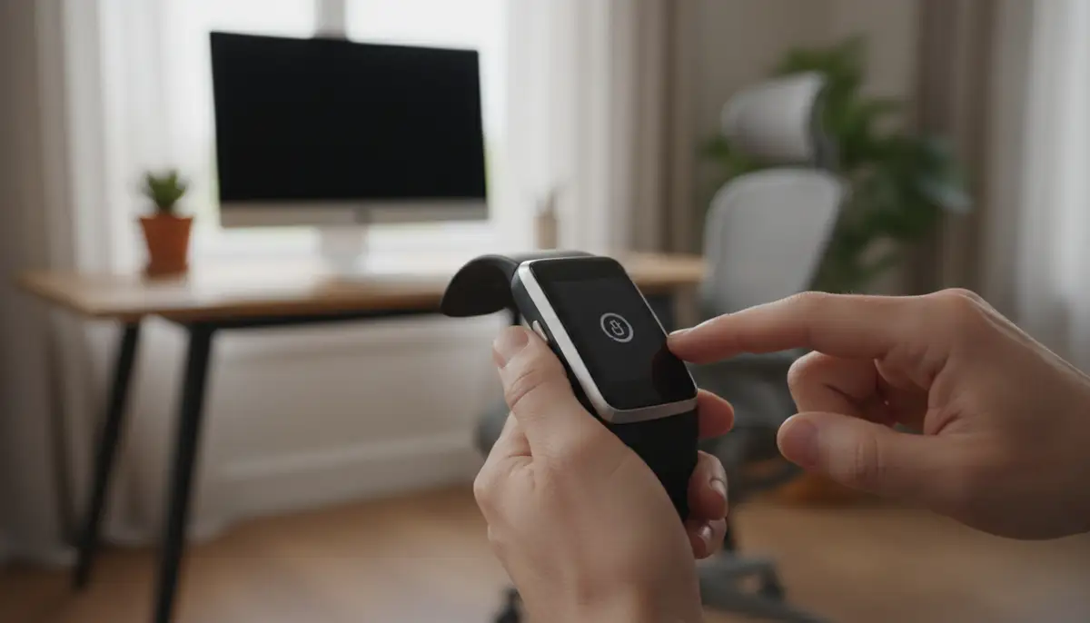 A user performing a soft reset on their Fitbit device by pressing a button, with a blurred background of a modern home office., high-quality photography, professional lighting, sharp focus, realistic, detailed