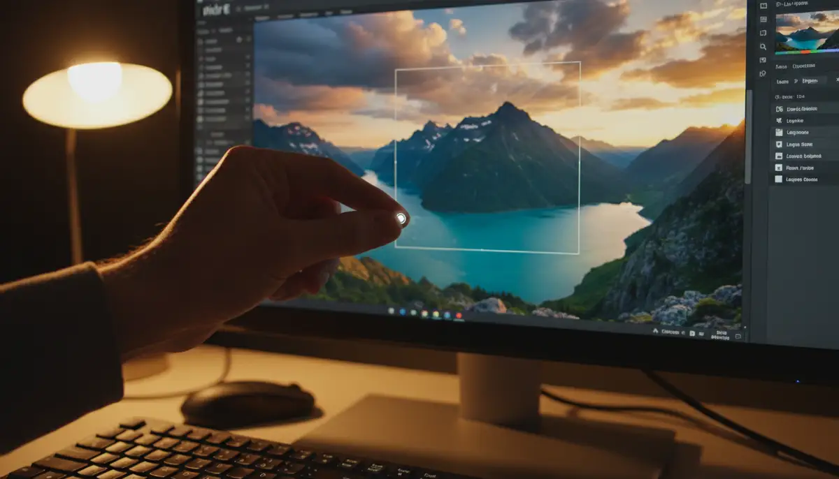 A user precisely dragging the crop handles on an image in Pixlr E, focusing on a vibrant landscape., high-quality photography, professional lighting, sharp focus, realistic, detailed