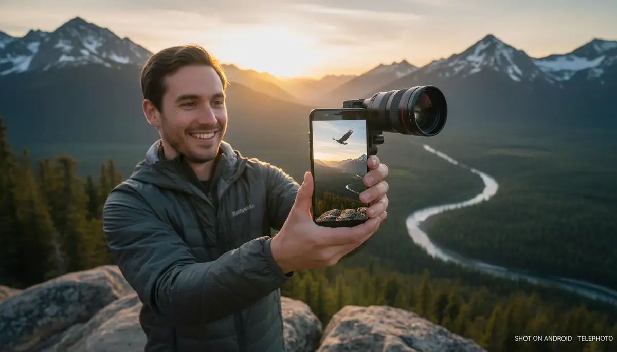 A user reviewing a high-quality photo taken with their Android phone and a telephoto lens attachment, standing in a scenic landscape, demonstrating the power of mobile photography., high-quality photography, professional lighting, sharp focus, realistic, detailed