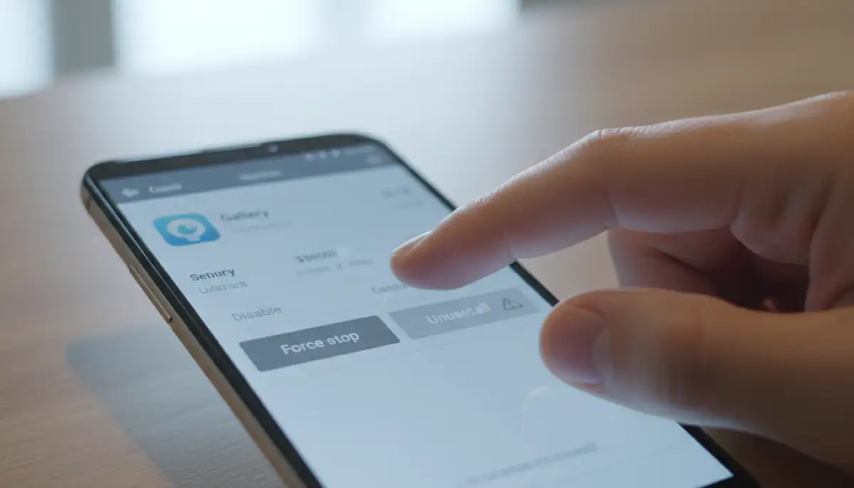 A user tapping on the 'Force stop' button for an app in Android settings, with a focus on the action., high-quality photography, professional lighting, sharp focus, realistic, detailed