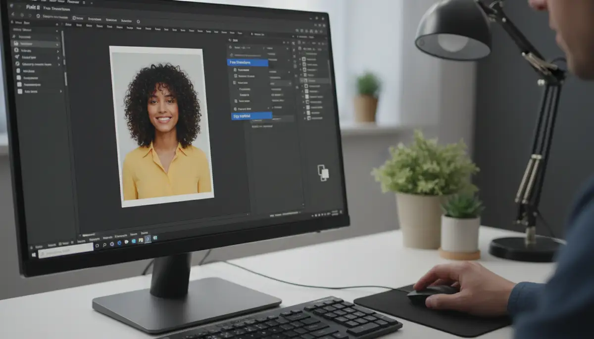 A user working on Pixlr E, demonstrating the 'Edit' menu dropdown with 'Free Transform' selected and a right-click context menu showing 'Flip Vertical' on a portrait image., high-quality photography, professional lighting, sharp focus, realistic, detailed