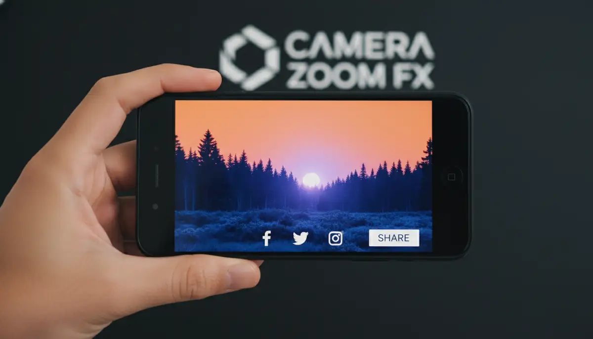 A user's hand holding a smartphone, showcasing a finished photo with inverted colors, ready to be shared on social media, with a subtle Camera ZOOM FX logo in the background., high-quality photography, professional lighting, sharp focus, realistic, detailed