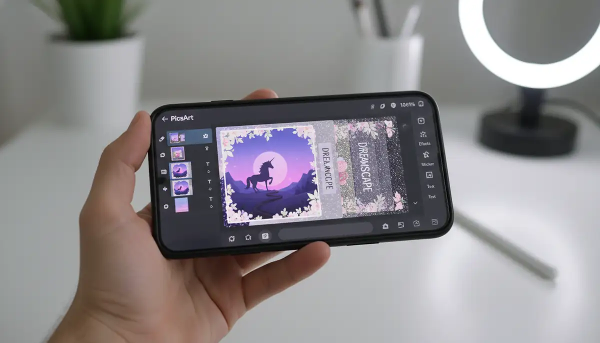 A user's hand holding a smartphone, showing the PicsArt app interface with multiple layers open on the screen, indicating a complex photo edit in progress. Bright, clean aesthetic., high-quality photography, professional lighting, sharp focus, realistic, detailed