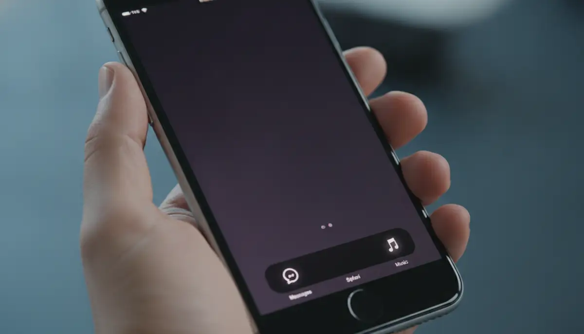 A user's hand holding an iPhone, which displays a custom black dock wallpaper, emphasizing the sleek and modern aesthetic., high-quality photography, professional lighting, sharp focus, realistic, detailed