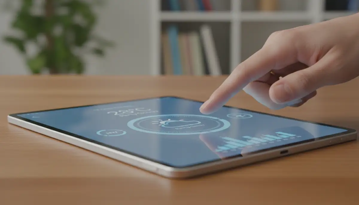 A user's hand interacting with a dynamic app widget on a tablet, demonstrating its responsiveness and utility., high-quality photography, professional lighting, sharp focus, realistic, detailed