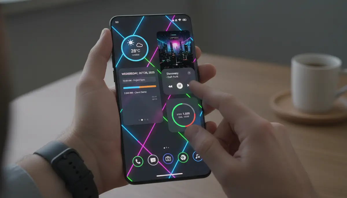 A user's hand interacting with a highly customized Android home screen filled with various widgets, showcasing a modern, sleek design with vibrant colors and clear information displays, set in 2025., high-quality photography, professional lighting, sharp focus, realistic, detailed