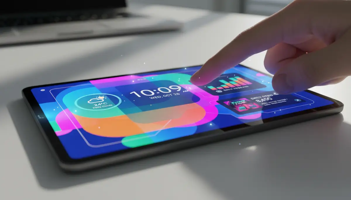 A user's hand interacting with a highly customized Android homescreen, featuring a unique KWGT widget design, vibrant colors, and dynamic information displays., high-quality photography, professional lighting, sharp focus, realistic, detailed