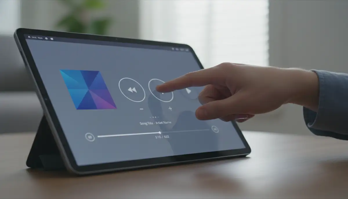 A user's hand interacting with a music widget on an Android tablet, demonstrating how to skip tracks or adjust volume without opening the full music app., high-quality photography, professional lighting, sharp focus, realistic, detailed