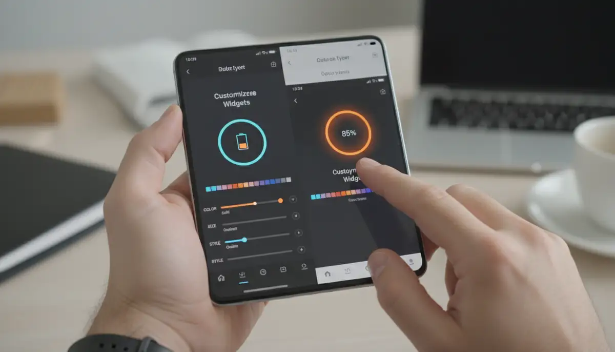 A user's hand interacting with a smartphone, customizing a battery widget's appearance (color, size, style) within an app interface, showing real-time changes on the home screen preview., high-quality photography, professional lighting, sharp focus, realistic, detailed