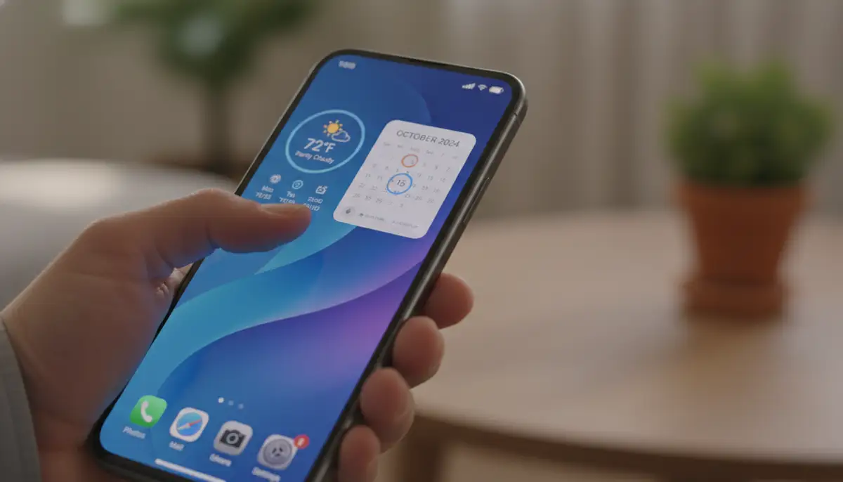 A user's hand interacting with a smartphone screen, showcasing a dynamic weather widget and a calendar widget on a personalized home screen., high-quality photography, professional lighting, sharp focus, realistic, detailed