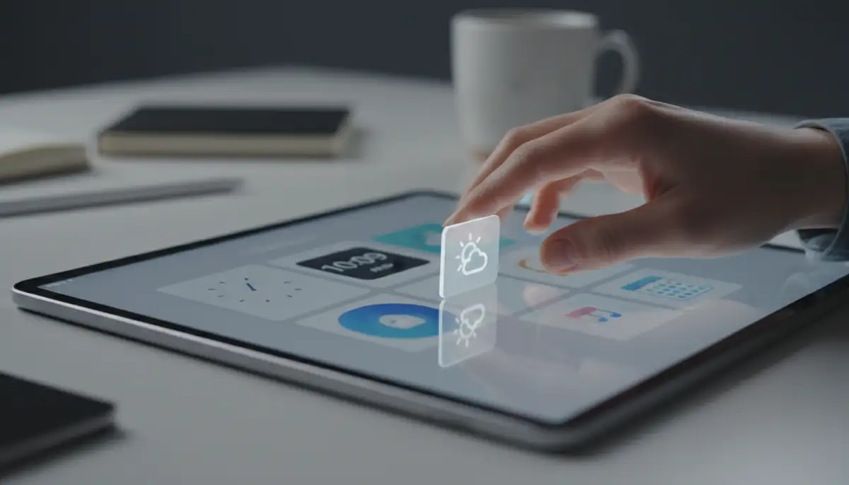 A user's hand interacting with a widget app interface, actively dragging and dropping elements to design a custom widget, with a focus on the creative process., high-quality photography, professional lighting, sharp focus, realistic, detailed