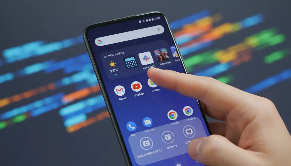 A user's hand interacting with an Android phone, demonstrating the process of long-pressing the home screen to access widget options, with a blurred background of a vibrant digital interface., high-quality photography, professional lighting, sharp focus, realistic, detailed